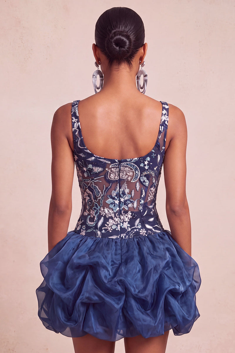 Laden Sie das Bild in den Galerie-Viewer, A-Linie Navy Pailletten Geblümte Dicke Träger Kurzes Abendkleid