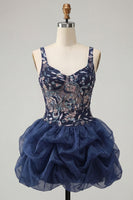 Laden Sie das Bild in den Galerie-Viewer, A-Linie Navy Pailletten Geblümte Dicke Träger Kurzes Abendkleid