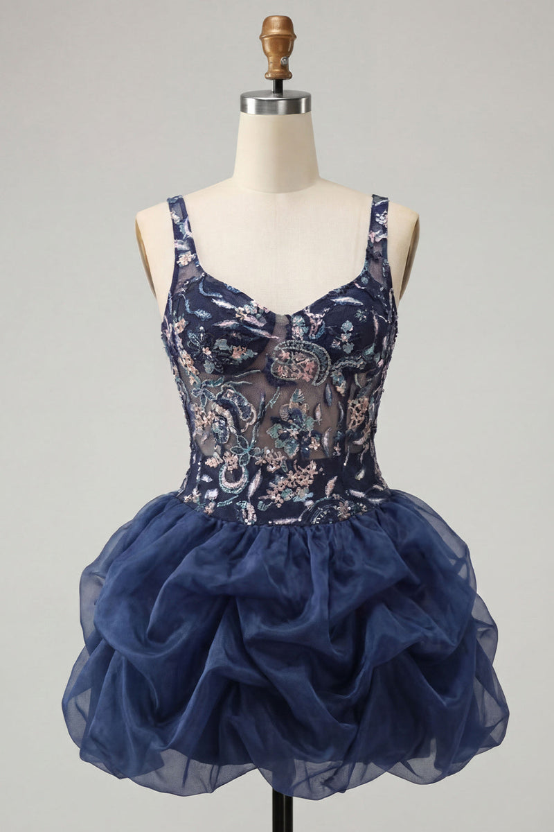 Laden Sie das Bild in den Galerie-Viewer, A-Linie Navy Pailletten Geblümte Dicke Träger Kurzes Abendkleid