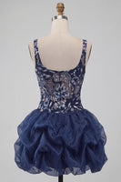 Laden Sie das Bild in den Galerie-Viewer, A-Linie Navy Pailletten Geblümte Dicke Träger Kurzes Abendkleid