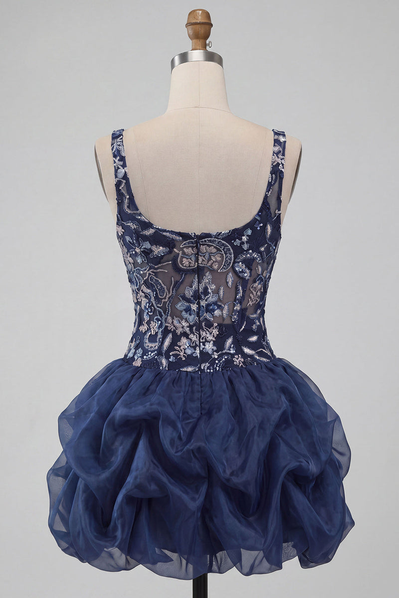 Laden Sie das Bild in den Galerie-Viewer, A-Linie Navy Pailletten Geblümte Dicke Träger Kurzes Abendkleid
