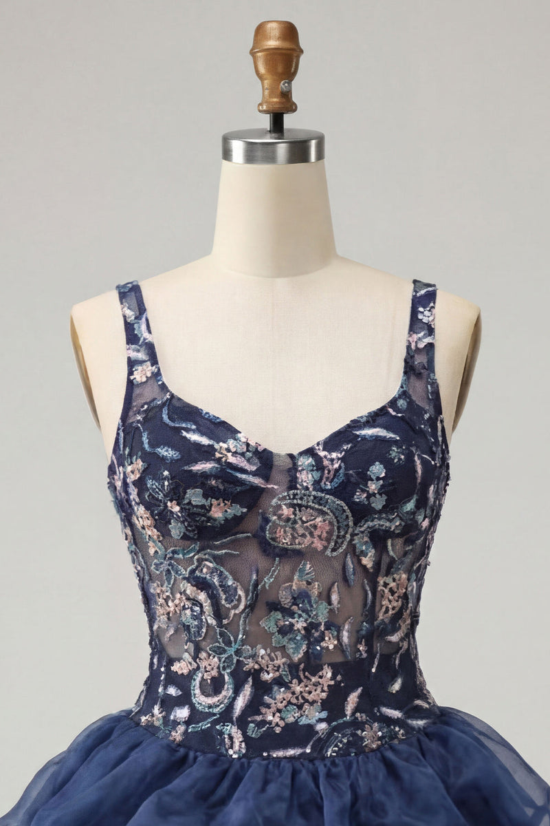 Laden Sie das Bild in den Galerie-Viewer, A-Linie Navy Pailletten Geblümte Dicke Träger Kurzes Abendkleid