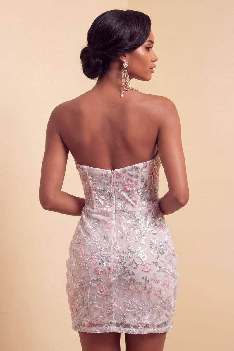 Laden Sie das Bild in den Galerie-Viewer, Blush Trägerloses Bodycon Pailletten Gerafftes Kurzes Abendkleid
