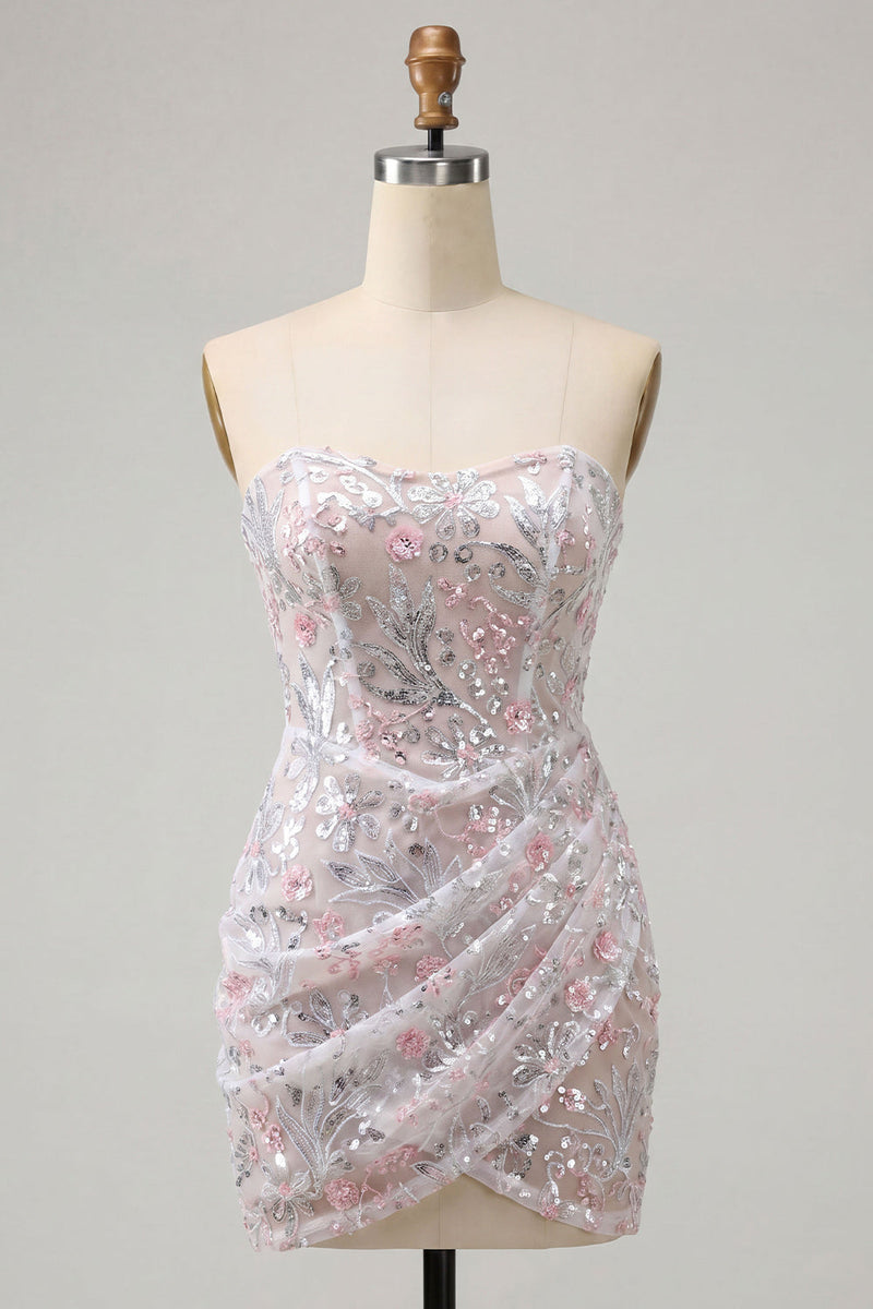 Laden Sie das Bild in den Galerie-Viewer, Blush Trägerloses Bodycon Pailletten Gerafftes Kurzes Abendkleid