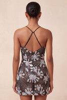 Laden Sie das Bild in den Galerie-Viewer, Schwarzes Bodycon Spaghettiträger Pailletten Blumen Kurzes Abendkleid mit Schlitz