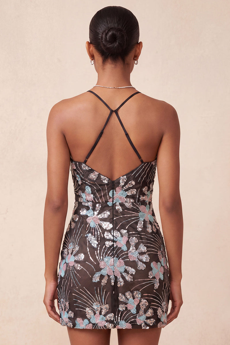 Laden Sie das Bild in den Galerie-Viewer, Schwarzes Bodycon Spaghettiträger Pailletten Blumen Kurzes Abendkleid mit Schlitz