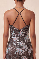 Laden Sie das Bild in den Galerie-Viewer, Schwarzes Bodycon Spaghettiträger Pailletten Blumen Kurzes Abendkleid mit Schlitz