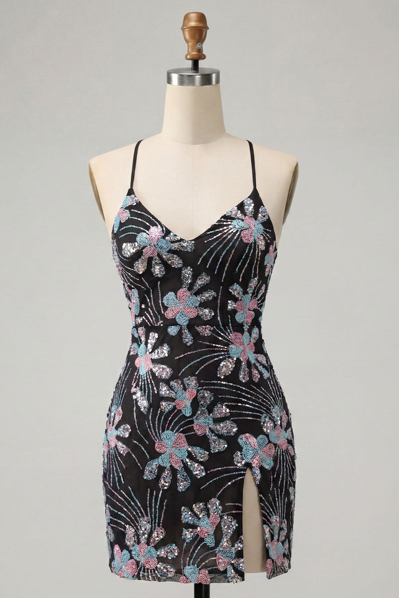 Laden Sie das Bild in den Galerie-Viewer, Schwarzes Bodycon Spaghettiträger Pailletten Blumen Kurzes Abendkleid mit Schlitz