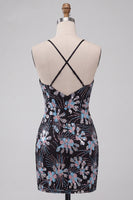 Laden Sie das Bild in den Galerie-Viewer, Schwarzes Bodycon Spaghettiträger Pailletten Blumen Kurzes Abendkleid mit Schlitz