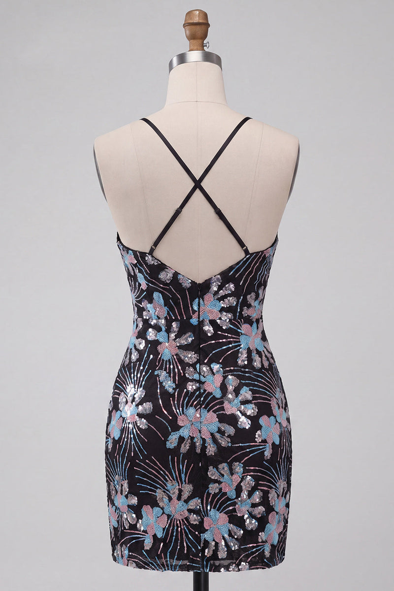 Laden Sie das Bild in den Galerie-Viewer, Schwarzes Bodycon Spaghettiträger Pailletten Blumen Kurzes Abendkleid mit Schlitz