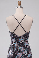 Laden Sie das Bild in den Galerie-Viewer, Schwarzes Bodycon Spaghettiträger Pailletten Blumen Kurzes Abendkleid mit Schlitz