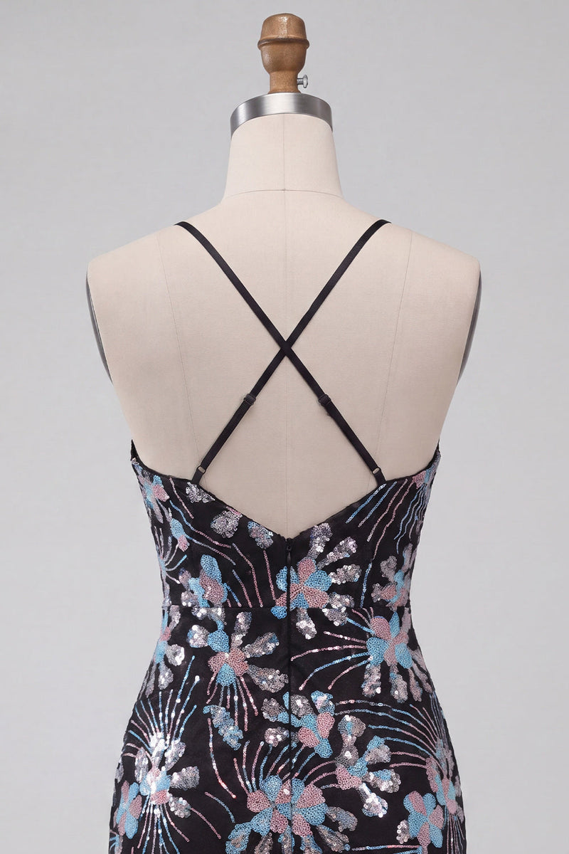 Laden Sie das Bild in den Galerie-Viewer, Schwarzes Bodycon Spaghettiträger Pailletten Blumen Kurzes Abendkleid mit Schlitz