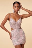 Laden Sie das Bild in den Galerie-Viewer, Blush Bodycon Korsett Spaghetti-Träger Pailletten Blumiges Kurzes Abendkleid