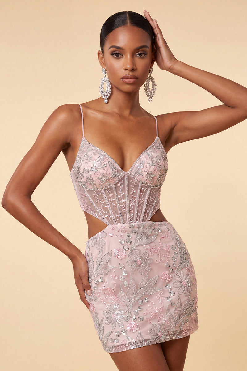 Laden Sie das Bild in den Galerie-Viewer, Blush Bodycon Korsett Spaghetti-Träger Pailletten Blumiges Kurzes Abendkleid
