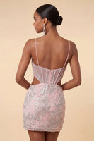Laden Sie das Bild in den Galerie-Viewer, Blush Bodycon Korsett Spaghetti-Träger Pailletten Blumiges Kurzes Abendkleid
