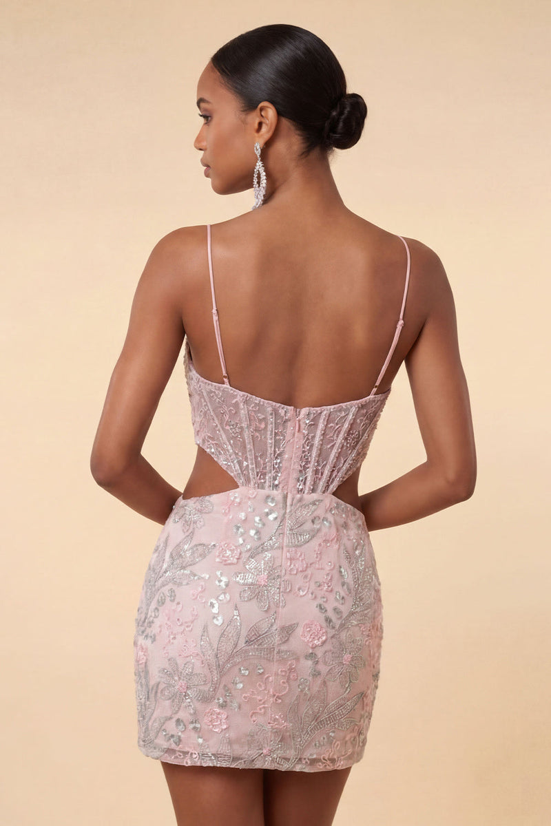 Laden Sie das Bild in den Galerie-Viewer, Blush Bodycon Korsett Spaghetti-Träger Pailletten Blumiges Kurzes Abendkleid