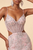 Laden Sie das Bild in den Galerie-Viewer, Blush Bodycon Korsett Spaghetti-Träger Pailletten Blumiges Kurzes Abendkleid