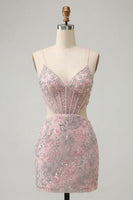 Laden Sie das Bild in den Galerie-Viewer, Blush Bodycon Korsett Spaghetti-Träger Pailletten Blumiges Kurzes Abendkleid