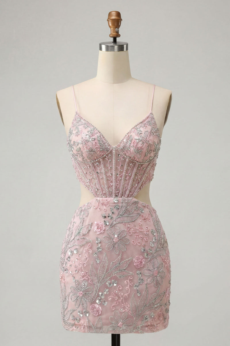 Laden Sie das Bild in den Galerie-Viewer, Blush Bodycon Korsett Spaghetti-Träger Pailletten Blumiges Kurzes Abendkleid