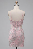 Laden Sie das Bild in den Galerie-Viewer, Blush Bodycon Korsett Spaghetti-Träger Pailletten Blumiges Kurzes Abendkleid