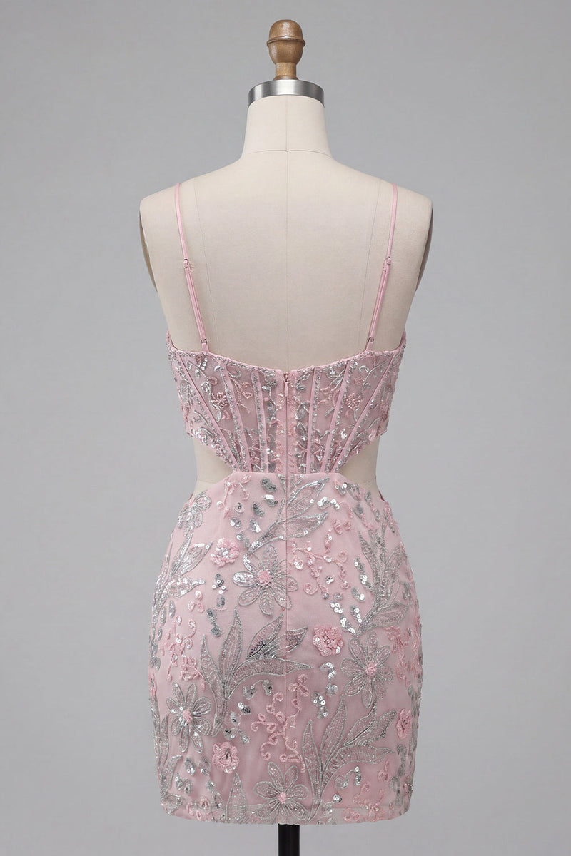 Laden Sie das Bild in den Galerie-Viewer, Blush Bodycon Korsett Spaghetti-Träger Pailletten Blumiges Kurzes Abendkleid