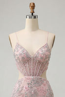 Laden Sie das Bild in den Galerie-Viewer, Blush Bodycon Korsett Spaghetti-Träger Pailletten Blumiges Kurzes Abendkleid
