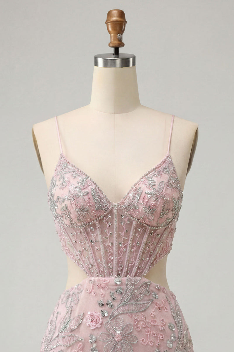 Laden Sie das Bild in den Galerie-Viewer, Blush Bodycon Korsett Spaghetti-Träger Pailletten Blumiges Kurzes Abendkleid
