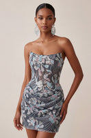 Laden Sie das Bild in den Galerie-Viewer, Graues Bodycon Trägerloses Korsett Gerafftes Pailletten Geblümtes Kurzes Abendkleid