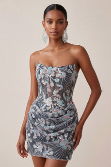Graues Bodycon Trägerloses Korsett Gerafftes Pailletten Geblümtes Kurzes Abendkleid