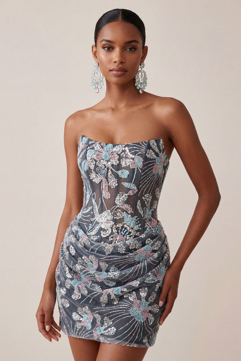 Laden Sie das Bild in den Galerie-Viewer, Graues Bodycon Trägerloses Korsett Gerafftes Pailletten Geblümtes Kurzes Abendkleid