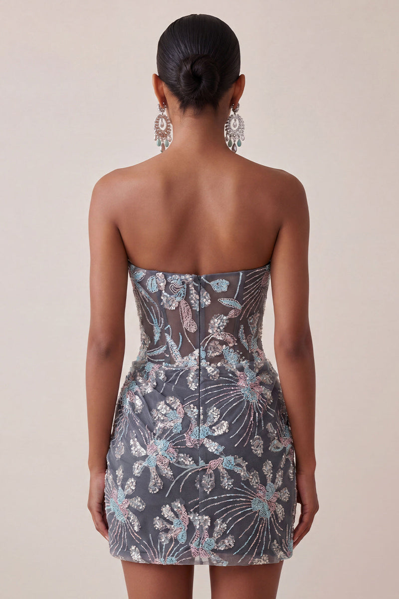 Laden Sie das Bild in den Galerie-Viewer, Graues Bodycon Trägerloses Korsett Gerafftes Pailletten Geblümtes Kurzes Abendkleid