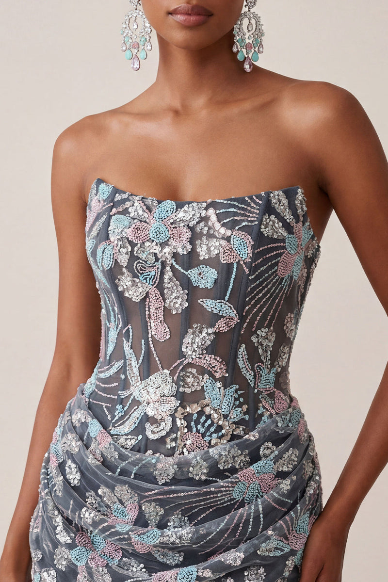 Laden Sie das Bild in den Galerie-Viewer, Graues Bodycon Trägerloses Korsett Gerafftes Pailletten Geblümtes Kurzes Abendkleid