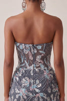 Laden Sie das Bild in den Galerie-Viewer, Graues Bodycon Trägerloses Korsett Gerafftes Pailletten Geblümtes Kurzes Abendkleid