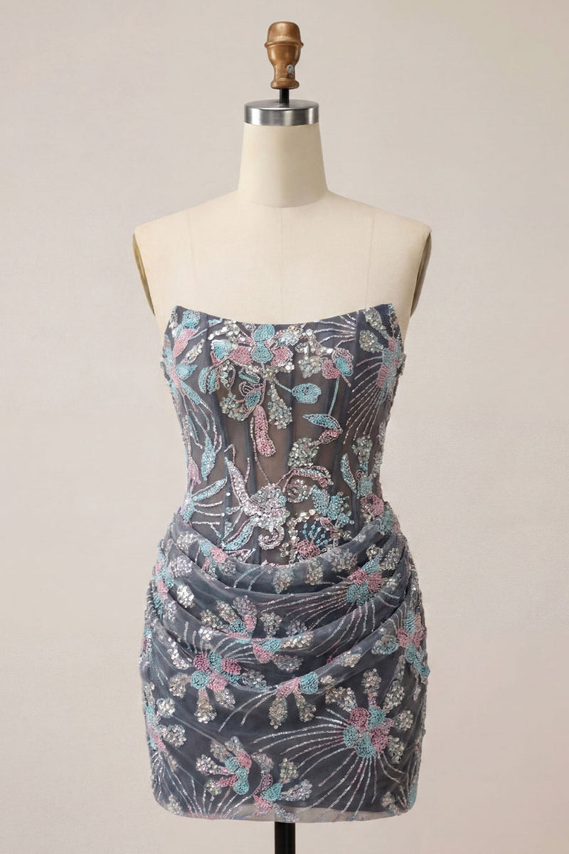 Laden Sie das Bild in den Galerie-Viewer, Graues Bodycon Trägerloses Korsett Gerafftes Pailletten Geblümtes Kurzes Abendkleid