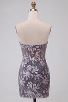 Laden Sie das Bild in den Galerie-Viewer, Graues Bodycon Trägerloses Korsett Gerafftes Pailletten Geblümtes Kurzes Abendkleid