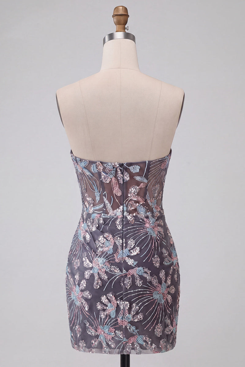 Laden Sie das Bild in den Galerie-Viewer, Graues Bodycon Trägerloses Korsett Gerafftes Pailletten Geblümtes Kurzes Abendkleid