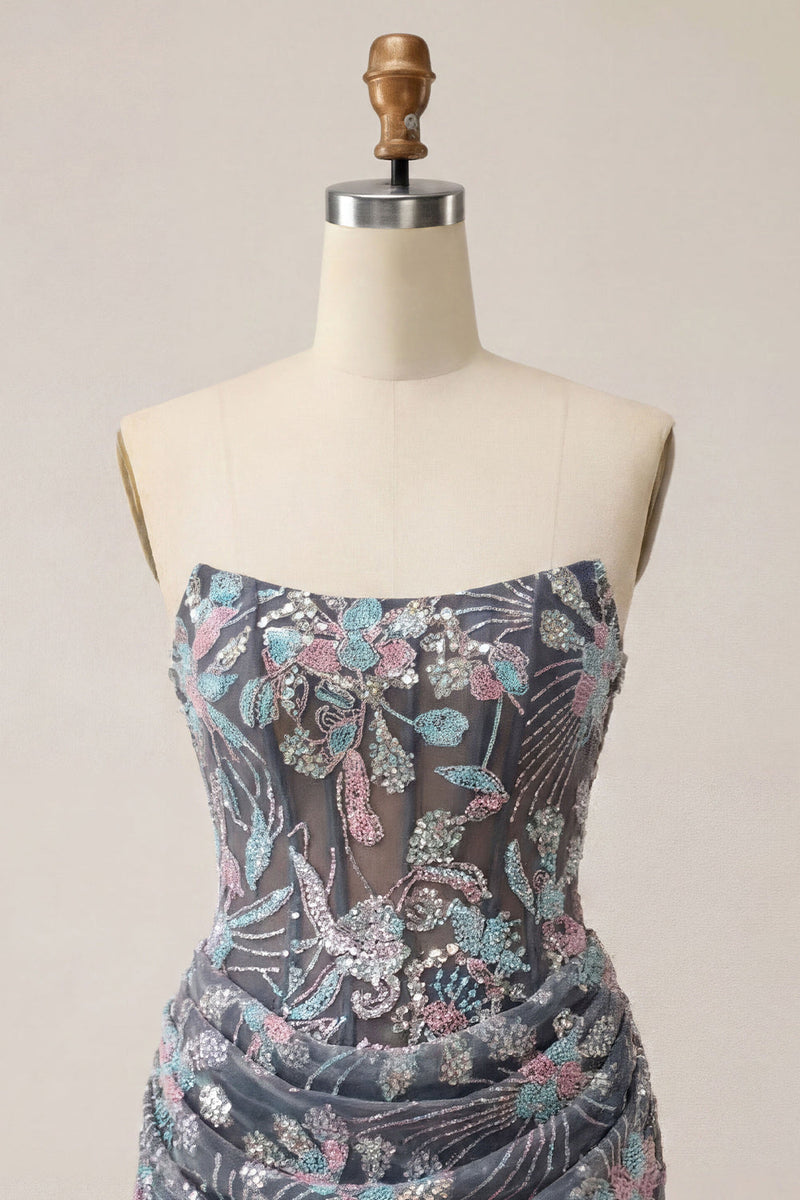 Laden Sie das Bild in den Galerie-Viewer, Graues Bodycon Trägerloses Korsett Gerafftes Pailletten Geblümtes Kurzes Abendkleid