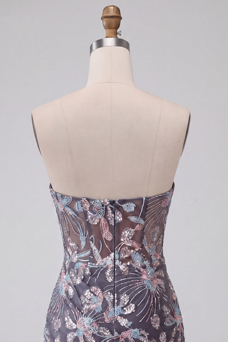 Laden Sie das Bild in den Galerie-Viewer, Graues Bodycon Trägerloses Korsett Gerafftes Pailletten Geblümtes Kurzes Abendkleid