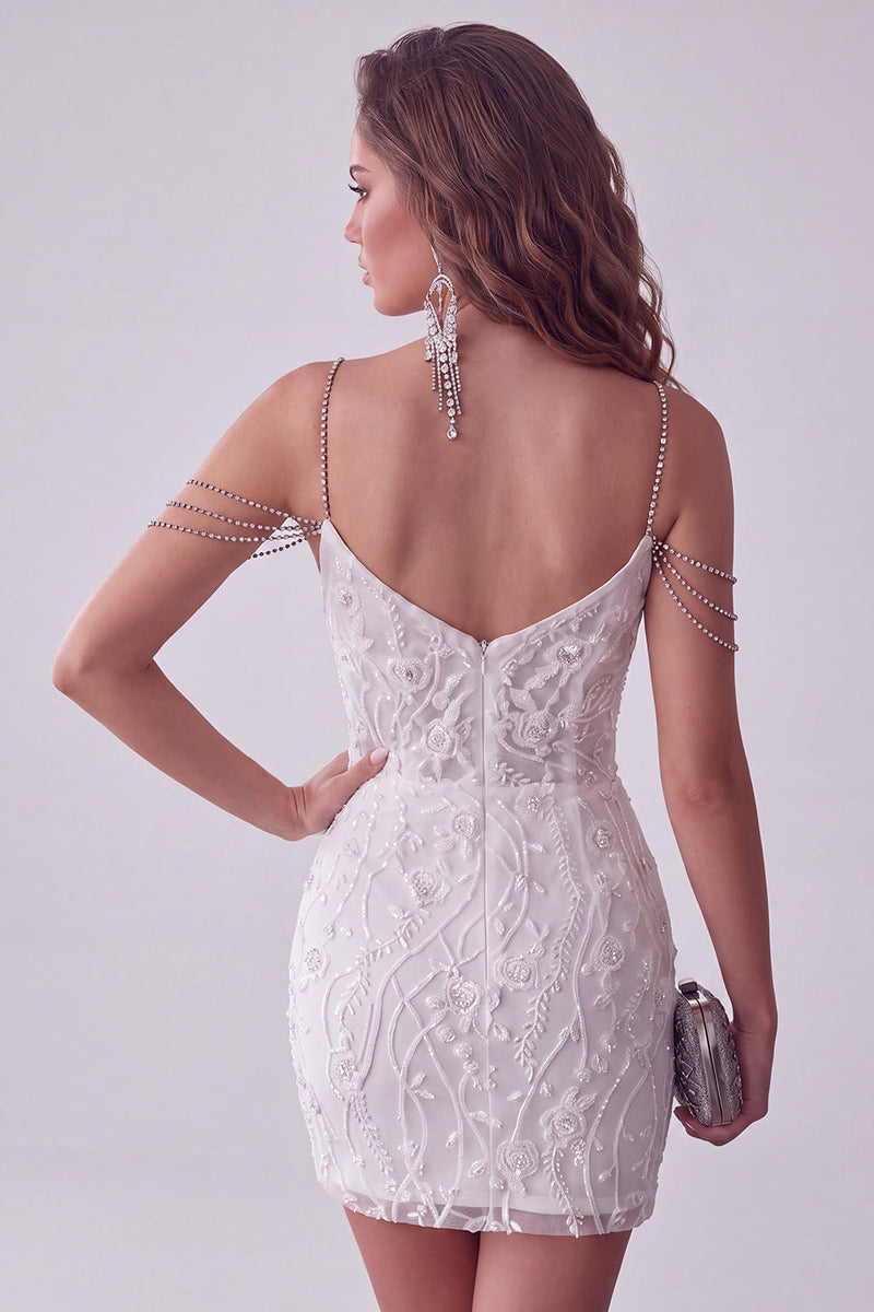 Laden Sie das Bild in den Galerie-Viewer, Weißes Schulterfreies Perlenbesetztes Bodycon Kurzes Abendkleid mit Strasssteinen