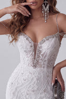 Laden Sie das Bild in den Galerie-Viewer, Weißes Schulterfreies Perlenbesetztes Bodycon Kurzes Abendkleid mit Strasssteinen