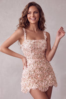 Laden Sie das Bild in den Galerie-Viewer, Elfenbein A-Linie Pailletten Kurzes Abendkleid mit quadratem Ausschnitt