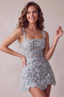 Laden Sie das Bild in den Galerie-Viewer, Elfenbein A-Linie Pailletten Kurzes Abendkleid mit quadratem Ausschnitt
