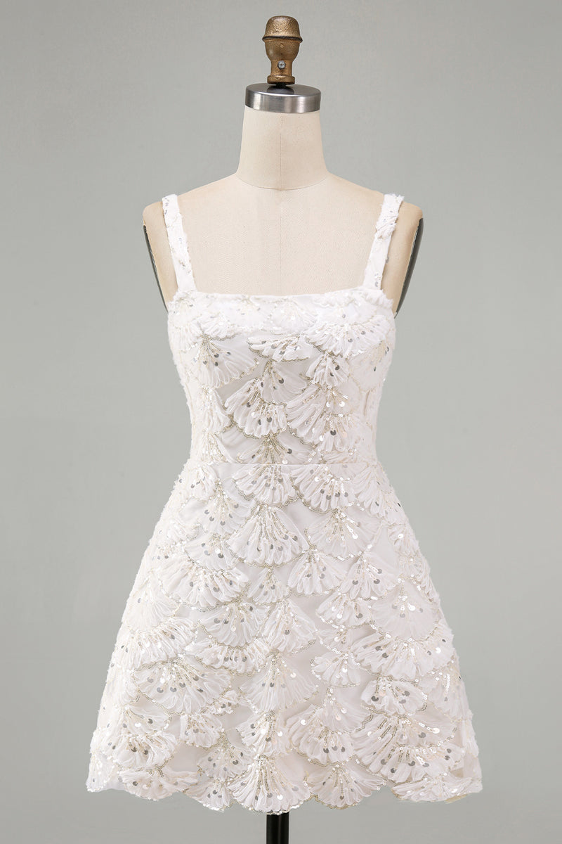 Laden Sie das Bild in den Galerie-Viewer, Elfenbein A-Linie Pailletten Kurzes Abendkleid mit quadratem Ausschnitt
