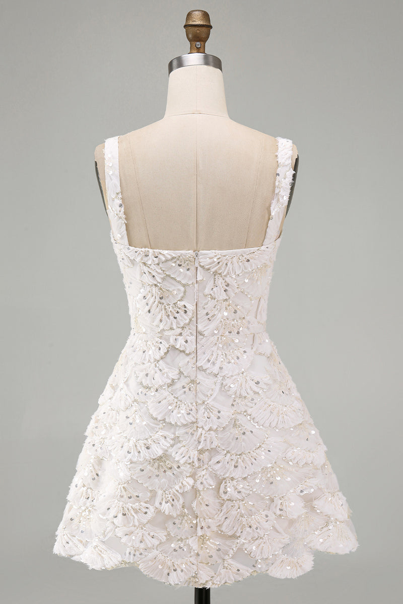 Laden Sie das Bild in den Galerie-Viewer, Elfenbein A-Linie Pailletten Kurzes Abendkleid mit quadratem Ausschnitt