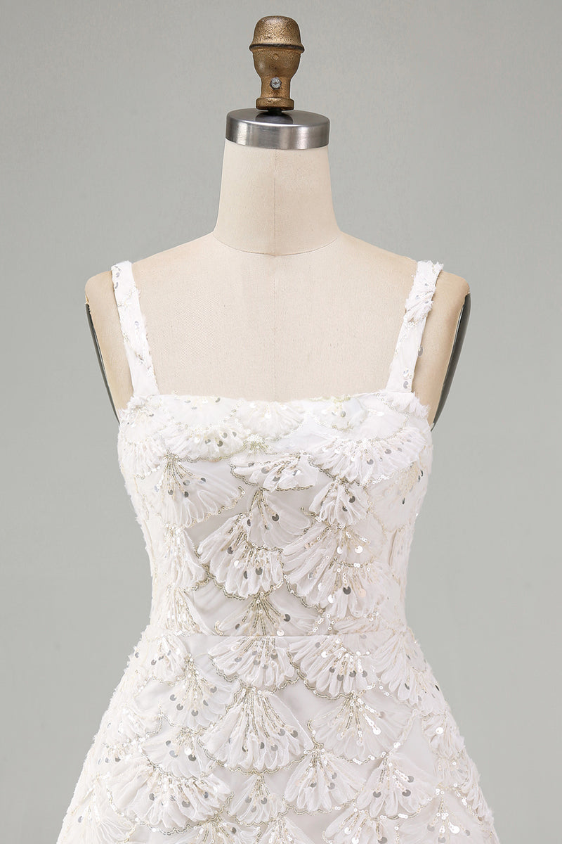 Laden Sie das Bild in den Galerie-Viewer, Elfenbein A-Linie Pailletten Kurzes Abendkleid mit quadratem Ausschnitt