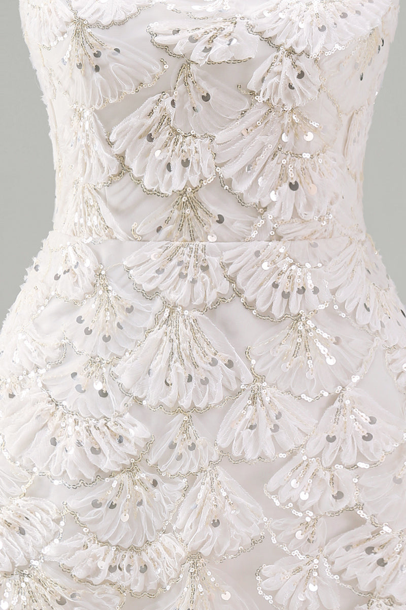 Laden Sie das Bild in den Galerie-Viewer, Elfenbein A-Linie Pailletten Kurzes Abendkleid mit quadratem Ausschnitt