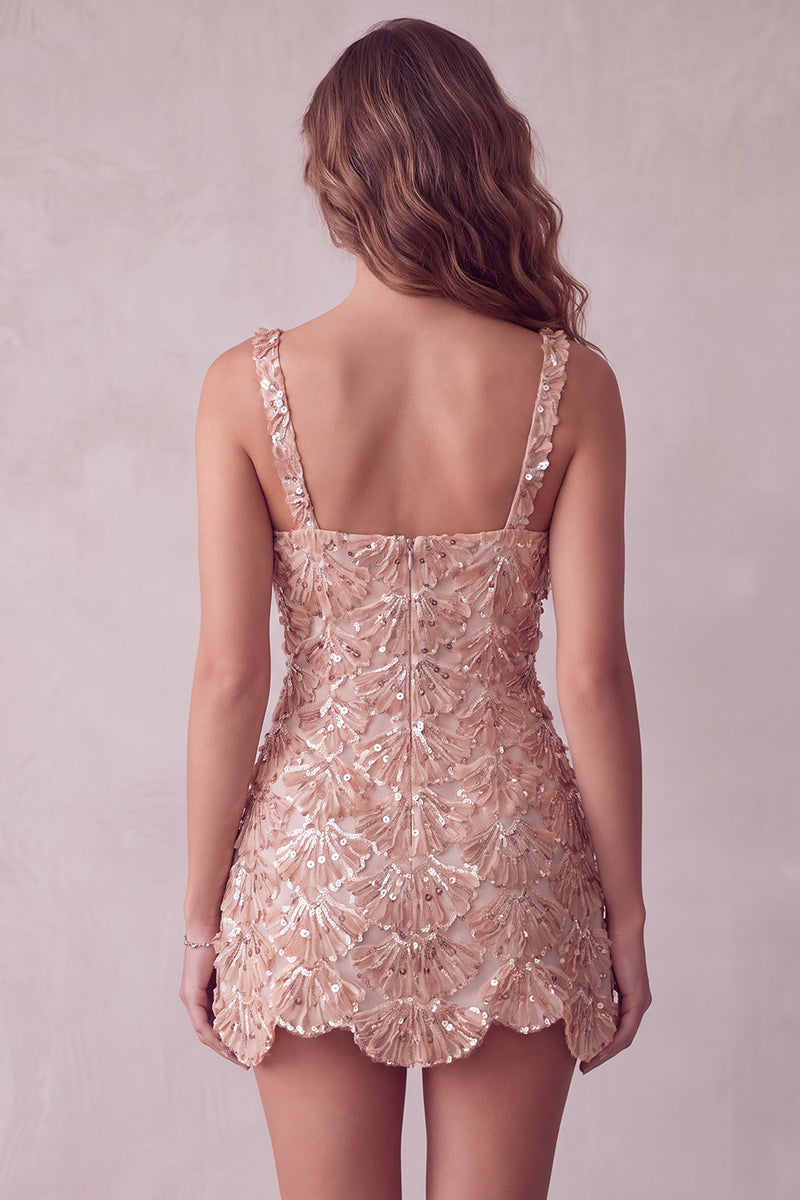 Laden Sie das Bild in den Galerie-Viewer, Elfenbein A-Linie Pailletten Kurzes Abendkleid mit quadratem Ausschnitt