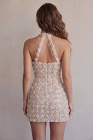 Laden Sie das Bild in den Galerie-Viewer, Champagner-Neckholderhals Kurzer Bodycon Blumen-Homecoming-Kleid mit Pailletten
