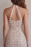 Laden Sie das Bild in den Galerie-Viewer, Champagner-Neckholderhals Kurzer Bodycon Blumen-Homecoming-Kleid mit Pailletten