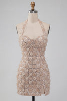 Laden Sie das Bild in den Galerie-Viewer, Champagner-Neckholderhals Kurzer Bodycon Blumen-Homecoming-Kleid mit Pailletten